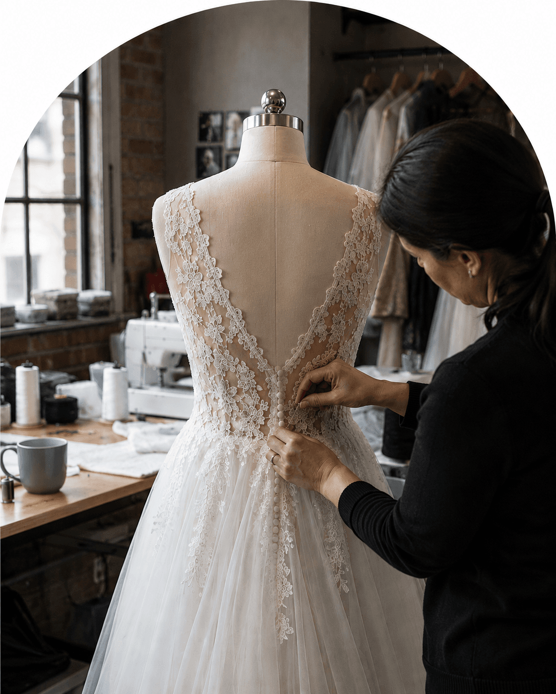 Tailor adjusting a wedding dress at Fatima Dry Cleaners in Toronto